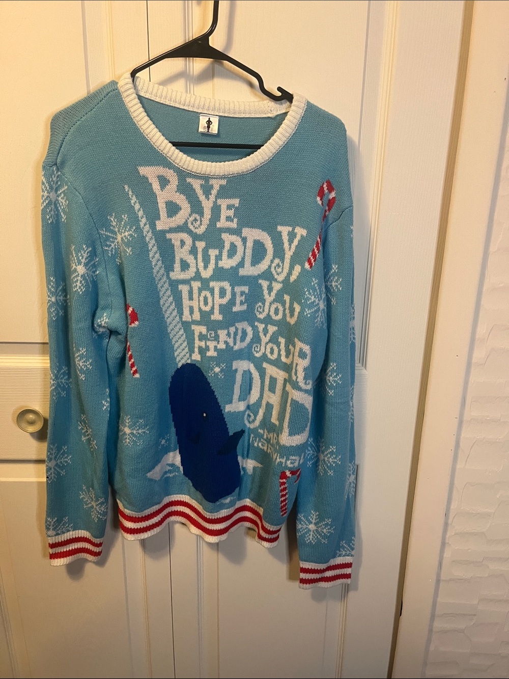 Buddy the Elf Light Blue Holiday Crewneck Sweater with Candy Cane Accents